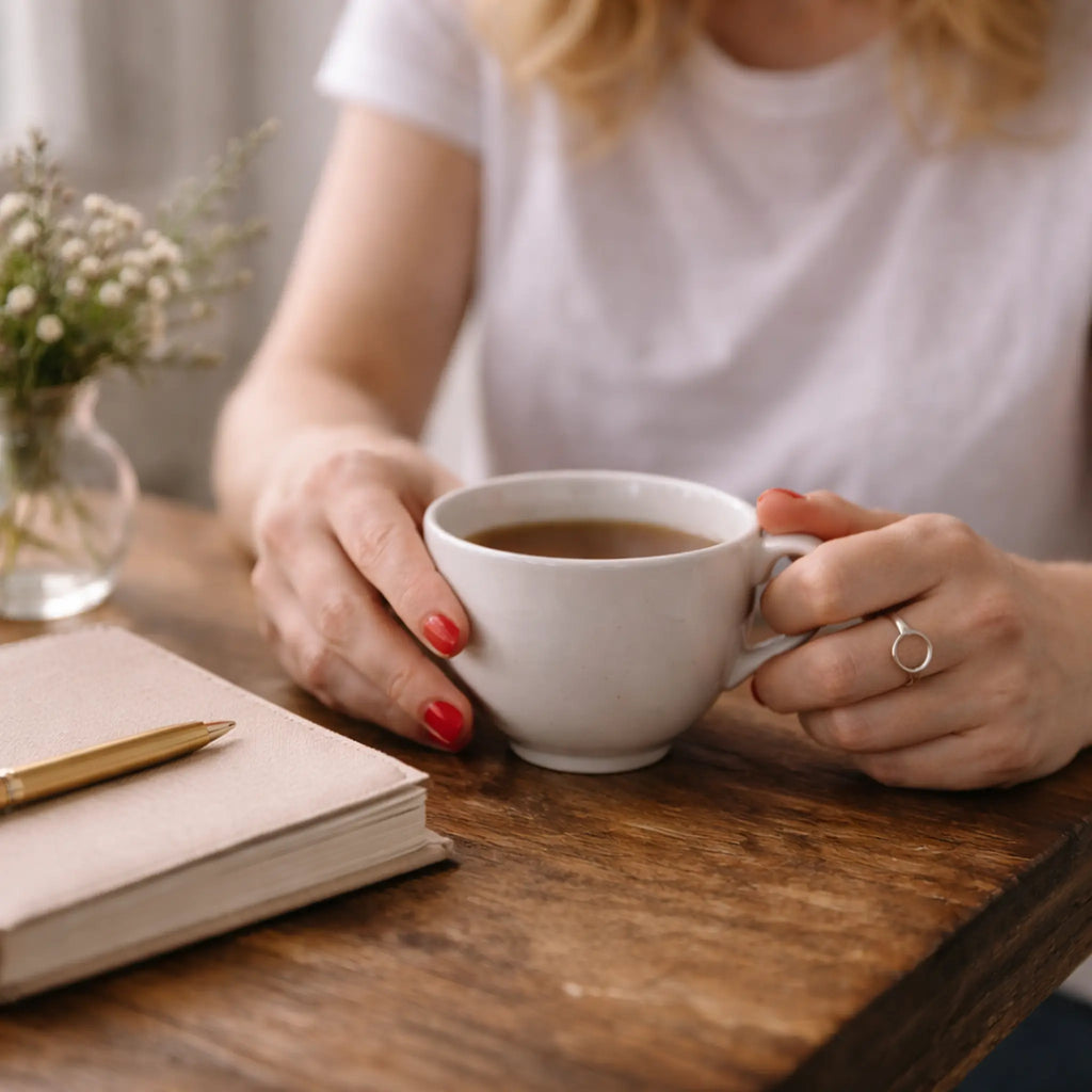 Kaffeetasse auf Holztisch, rote Nägel und minimalistischer Silberring im Kreis-Design – moderner Damenring, entspanntes Lifestyle-Setting.