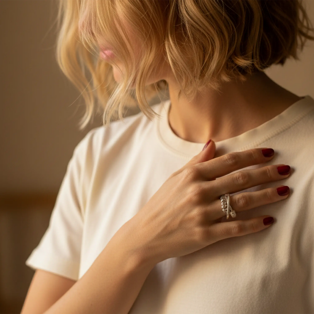 Blonde Frau in weißem Shirt, Hand auf der Brust, kurze rot lackierte Nägel, trägt einen silbernen Ring am Finger, warmes natürliches Licht.