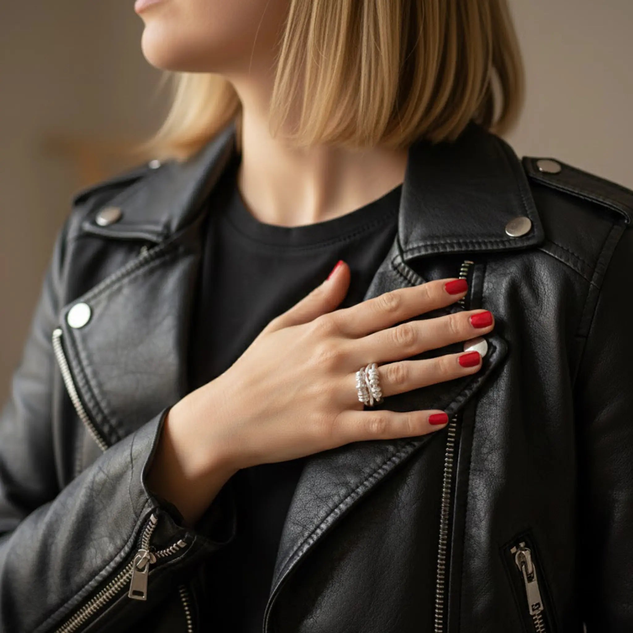 Frau im schwarzen Shirt und Lederjacke (Ramones-Stil), Hand auf der Brust, kurze rot lackierte Nägel; silberner Ring am Finger, weiches warmes Licht, Hintergrund unscharf.
