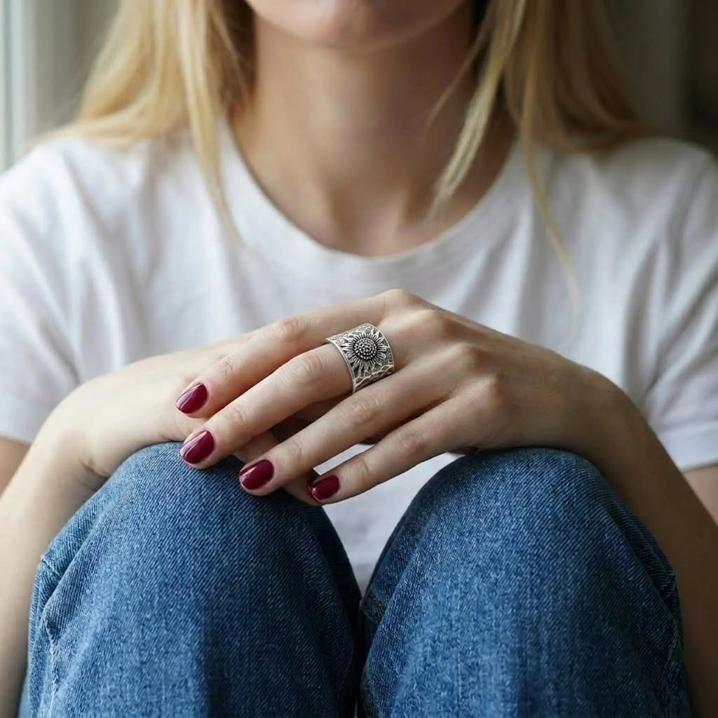 Boho Statement Ring aus Silber mit großem Sonnenblumen-Motiv kombiniert mit einem lässigen Alltags-Outfit.