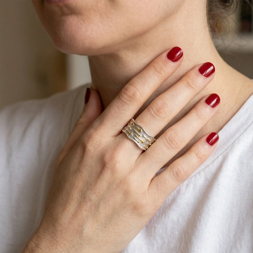 Detailaufnahme strukturierter Bandring Silber mit Gold-Elementen an der Halsschlagader.