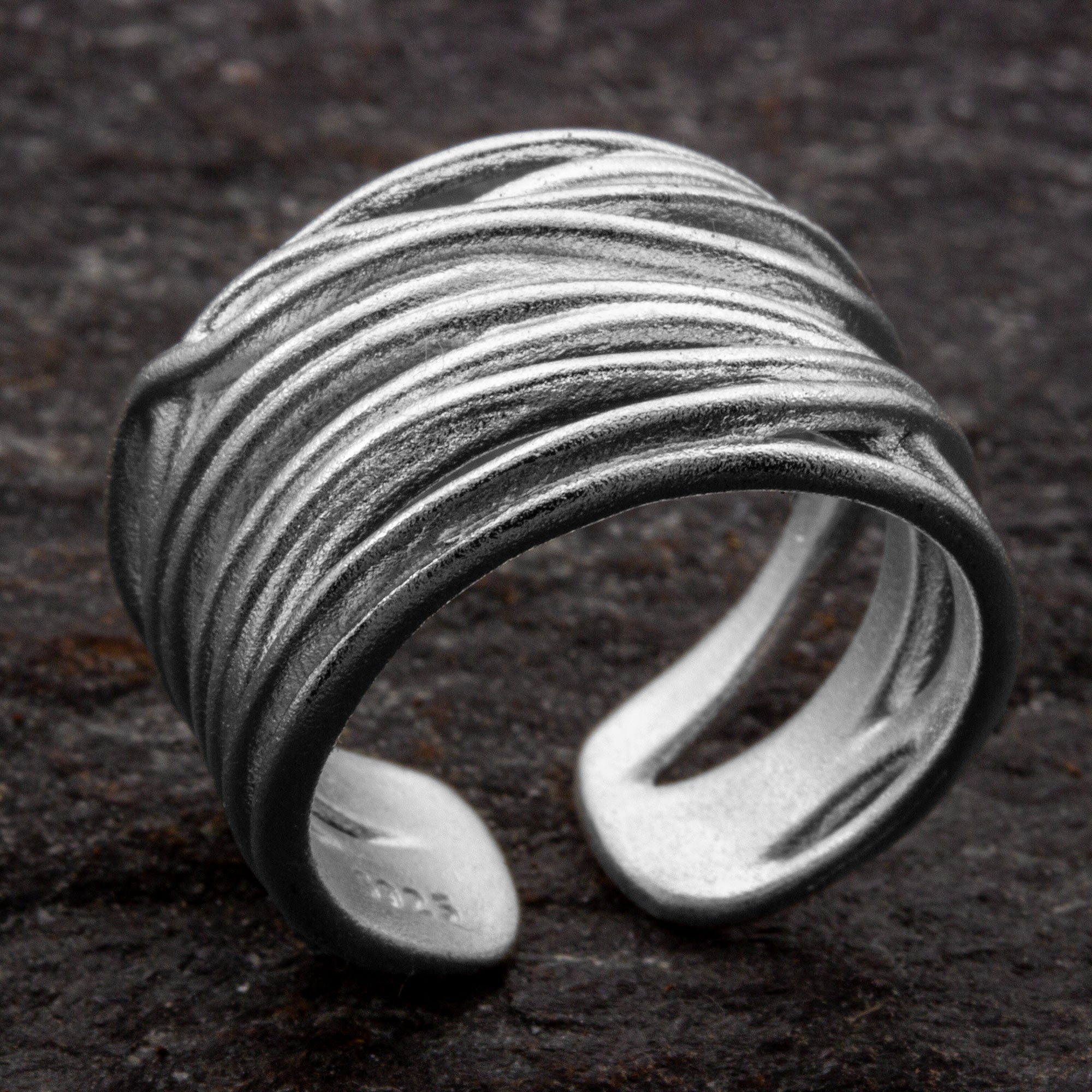 Verstellbarer Silberring 925 Bandring offen – Wickel-Design, matt strukturiert, Ringkopfbreite 1,2 cm