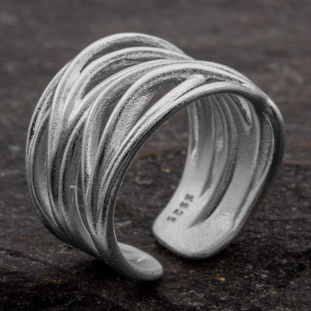 925 Silber Wickelring als Statement-Bandring – offene Ringschiene, matte Oberfläche, breite Optik 1,2 cm