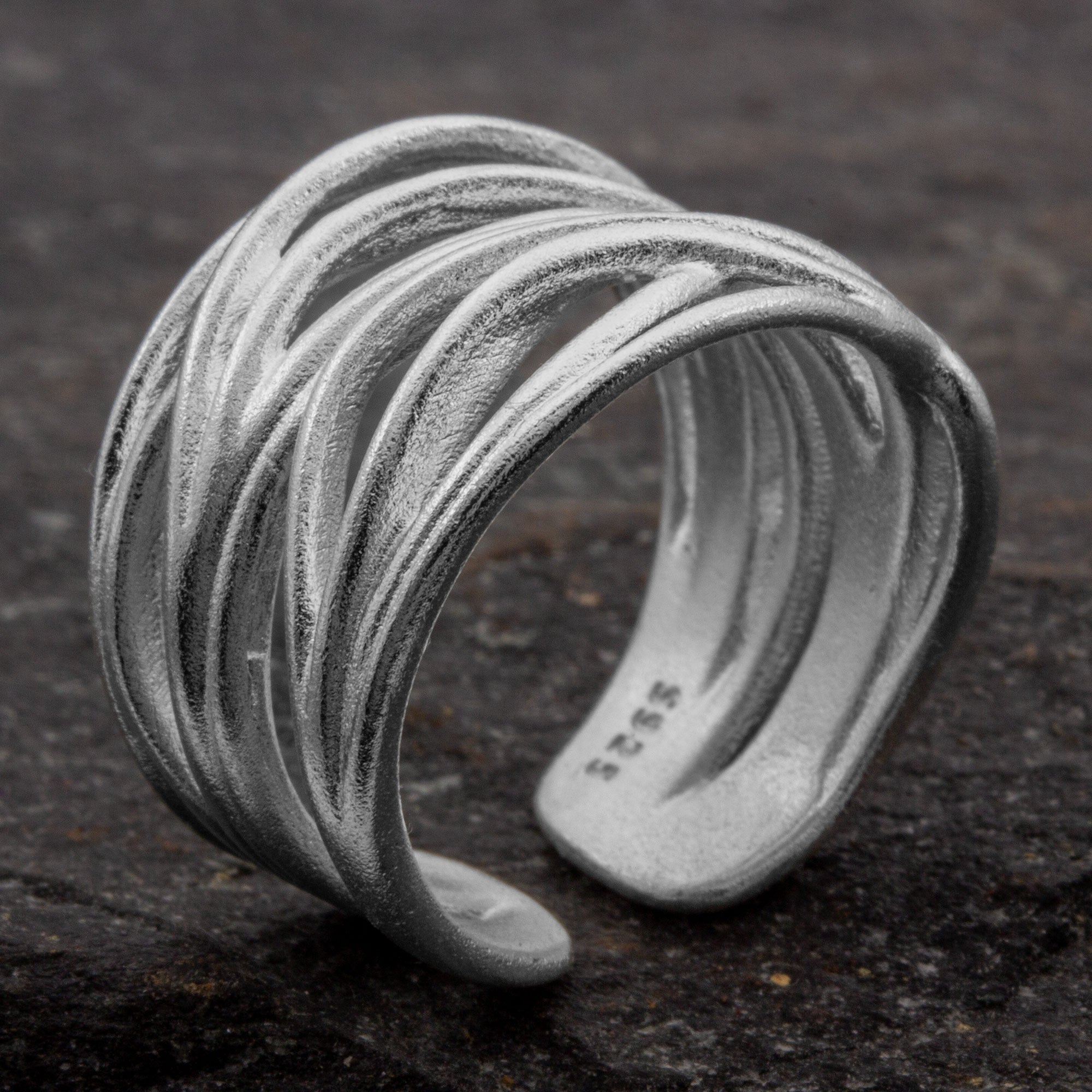 925 Silber Wickelring als Statement-Bandring – offene Ringschiene, matte Oberfläche, breite Optik 1,2 cm