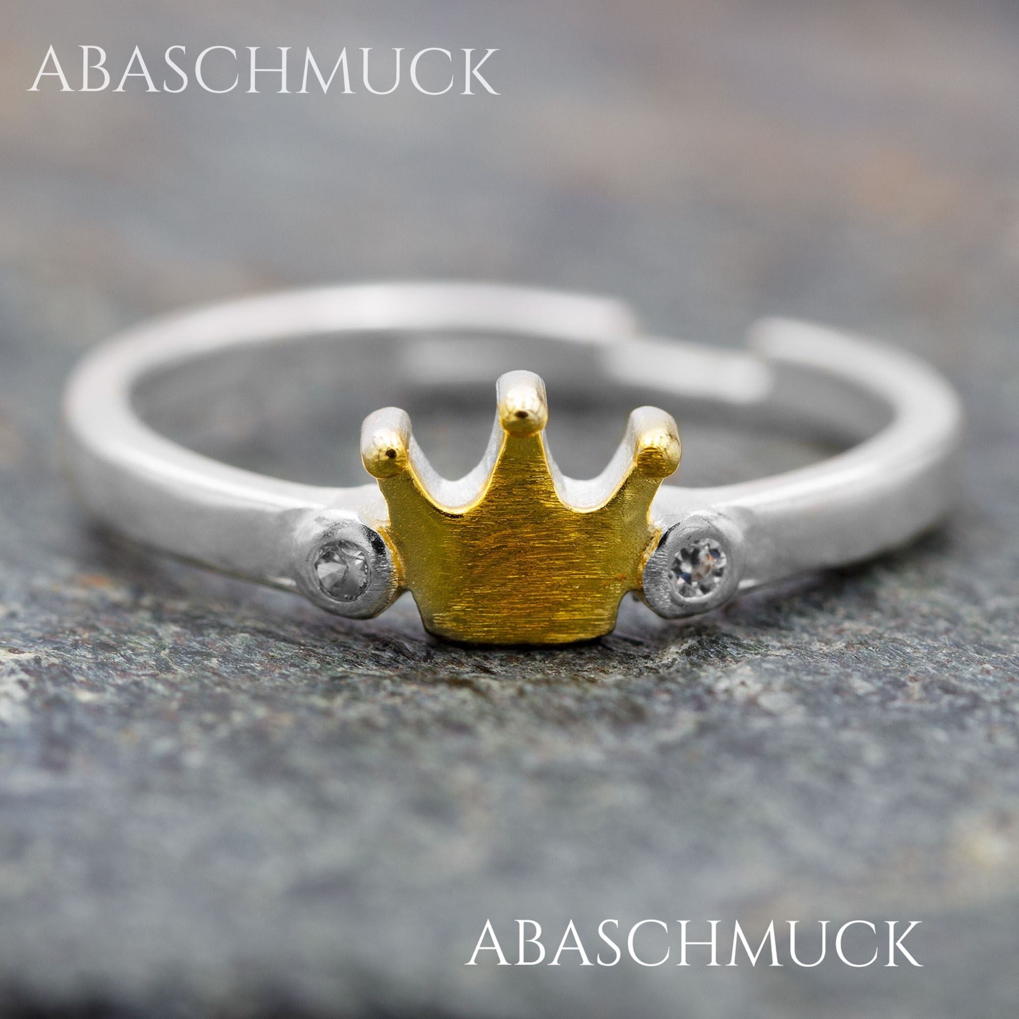 Verstellbarer Ring, Bandring, offen Silberring mit goldener Krone und Zirkonia