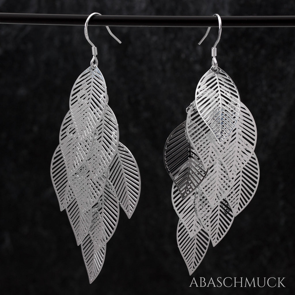 Blatt-Hängeohrringe aus Sterling Silber 925 – glänzende, filigrane Ohrringe im Boho-Stil, Statement-Schmuck.