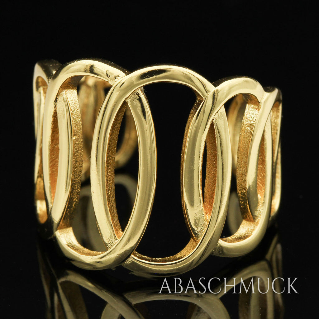 Verstellbarer vergoldeter Silberring 925 Bandring offen mit elegantem Oval-Design auf schwarzem Spiegelhintergrund