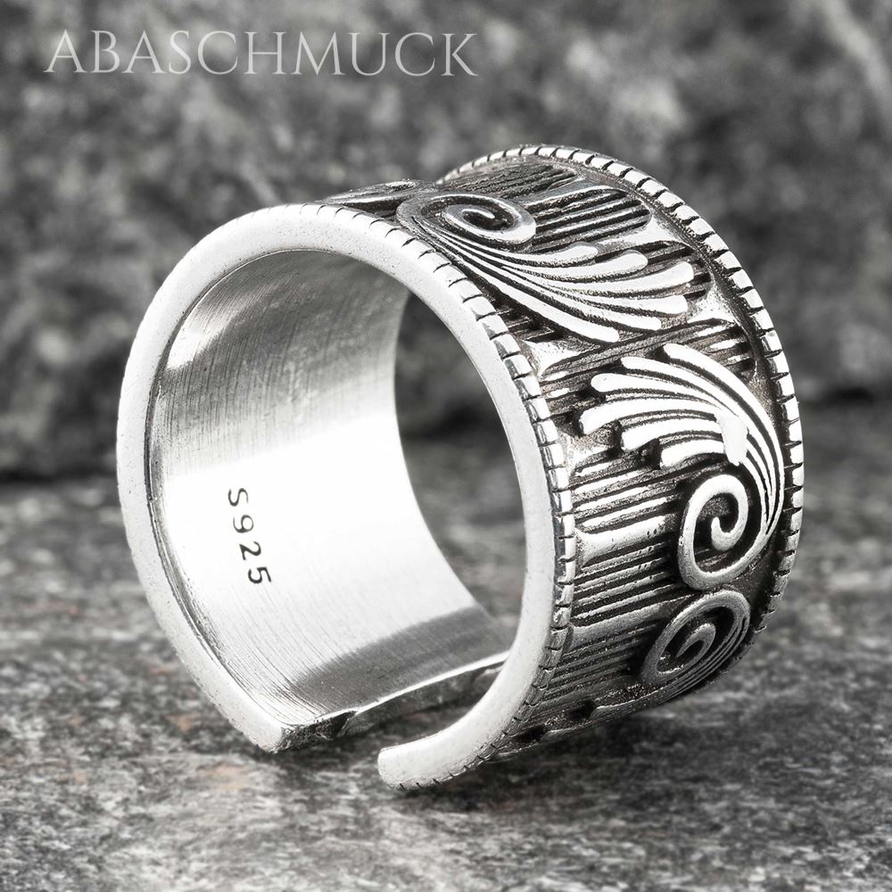 Verstellbarer Silberring 925 Bandring, offen – Breiter ornamentaler Unisex-Ring