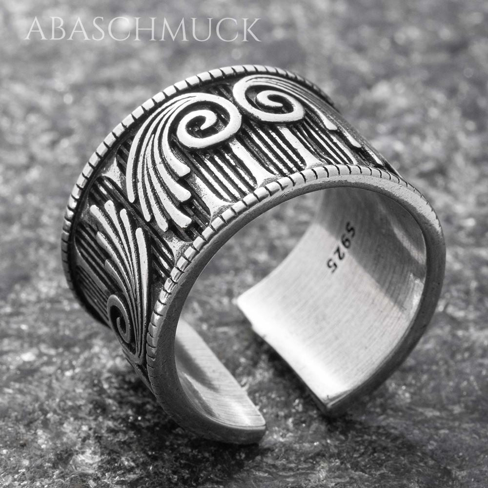 Verstellbarer Silberring 925 Bandring, offen – Breiter ornamentaler Unisex-Ring