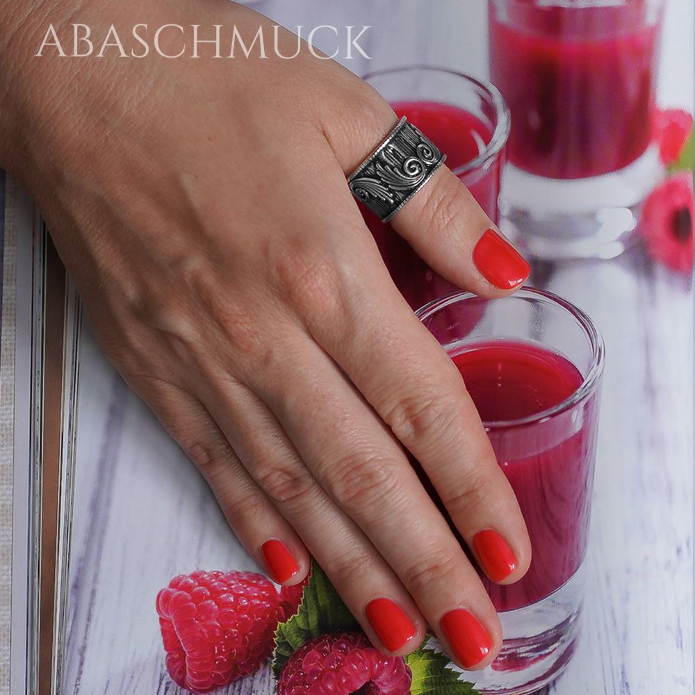 Verstellbarer Silberring 925 Bandring, offen – Breiter ornamentaler Unisex-Ring