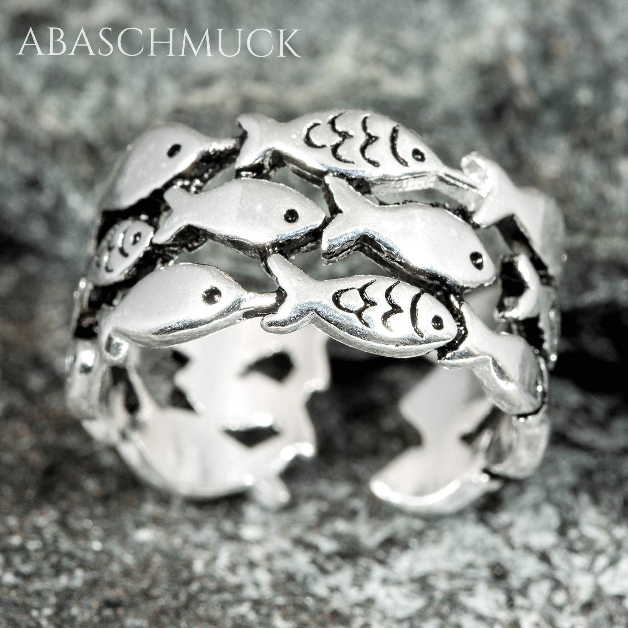 Verstellbarer Ring Bandring offen Silberring mit Fischmotiv – handgefertigter Schmuck