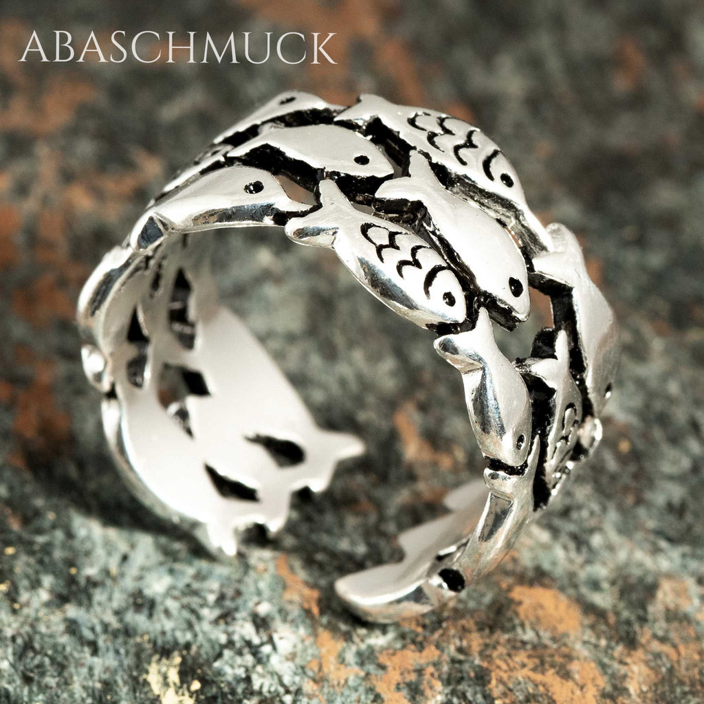 Verstellbarer Ring Bandring offen Silberring mit Fischmotiv – handgefertigter Schmuck