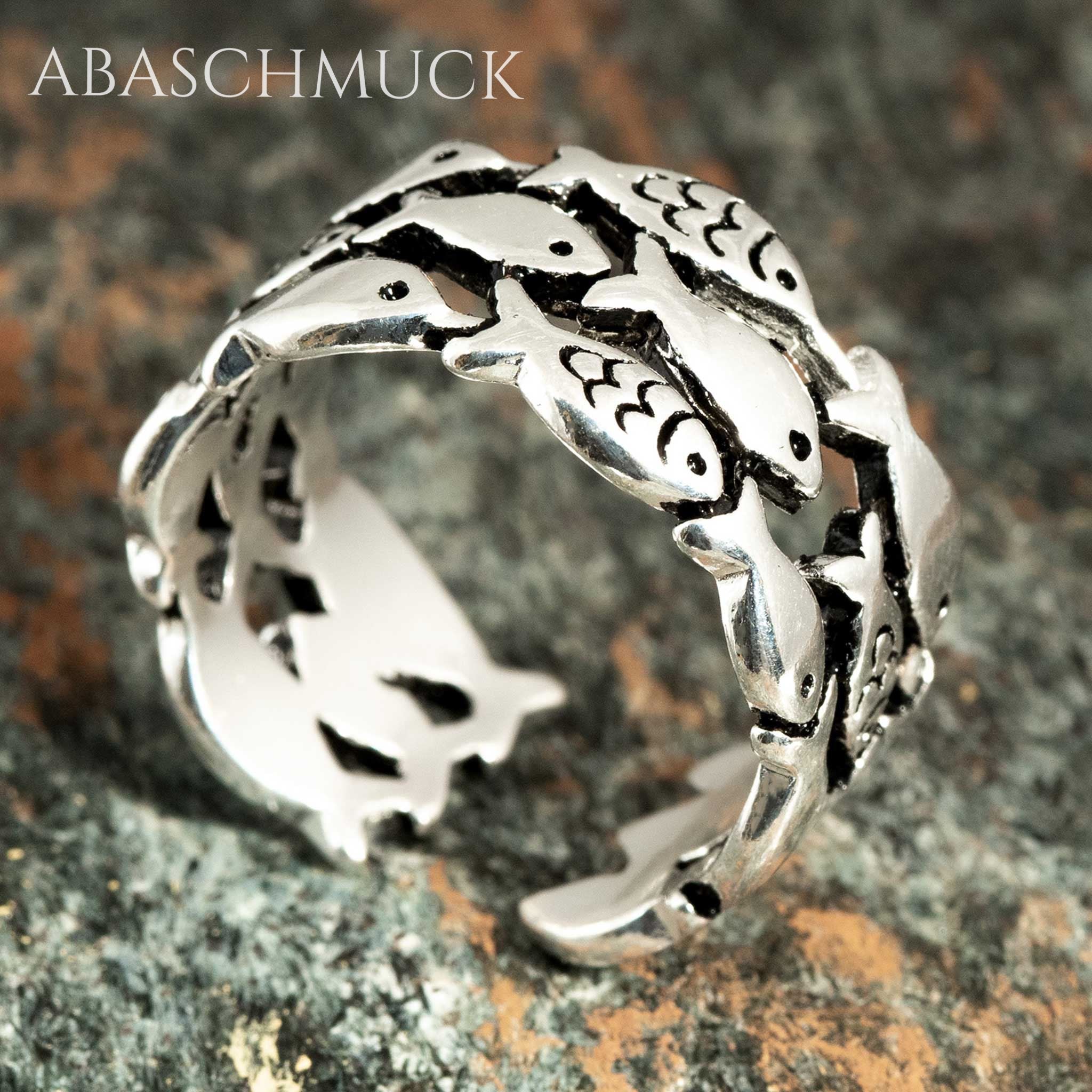 Verstellbarer Ring Bandring offen Silberring mit Fischmotiv – handgefertigter Schmuck