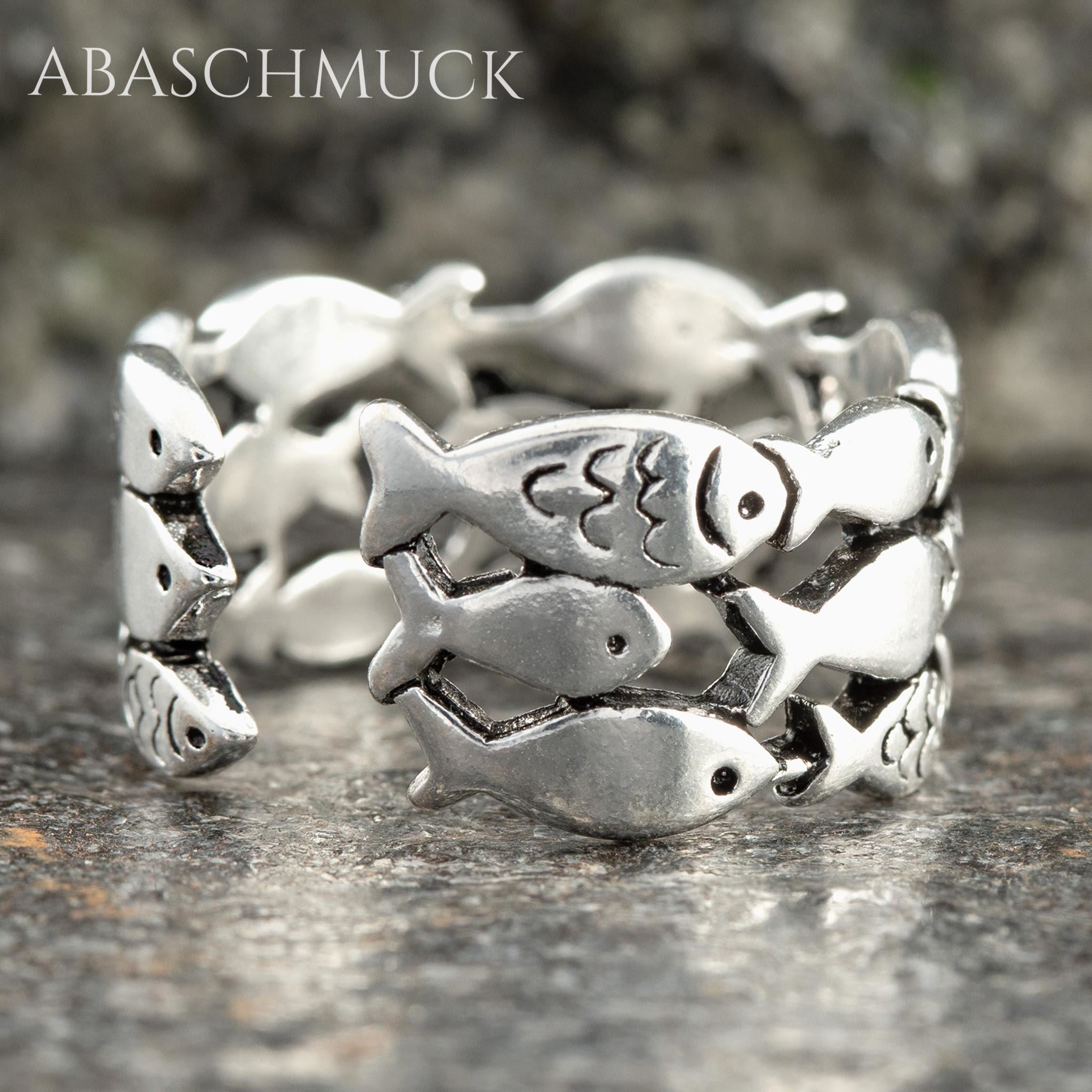 Verstellbarer Ring Bandring offen Silberring mit Fischmotiv – handgefertigter Schmuck