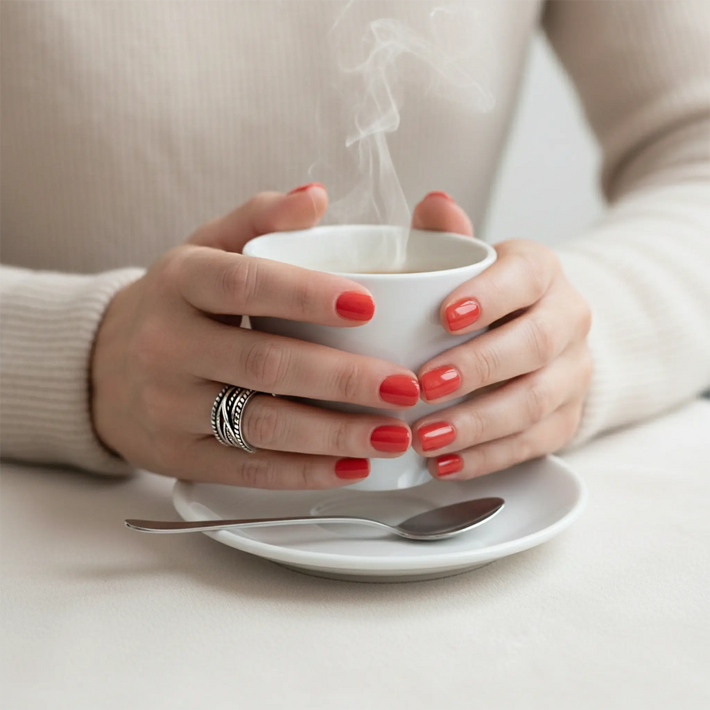 Silberner Statement-Ring mehrreihig an Hand mit roten Nägeln beim Halten einer Kaffeetasse.