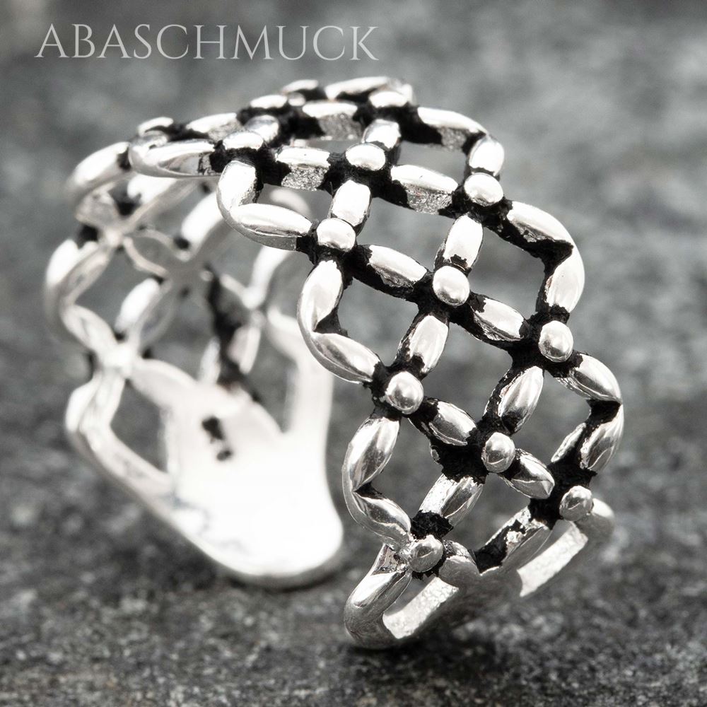 Verstellbarer Silberring 925 Bandring offen mit Gitterstruktur