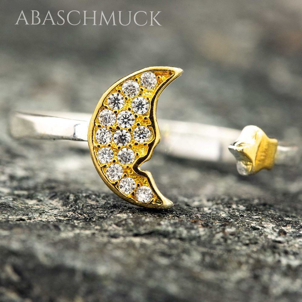 Silberring 925 mit Mond und Stern auf Steinuntergrund