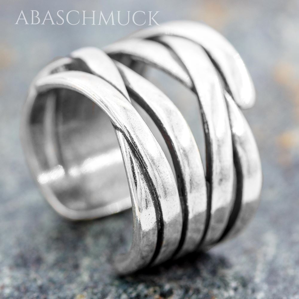 Breiter verstellbarer Bandring 925 mit geschwungenen Linien, frontal