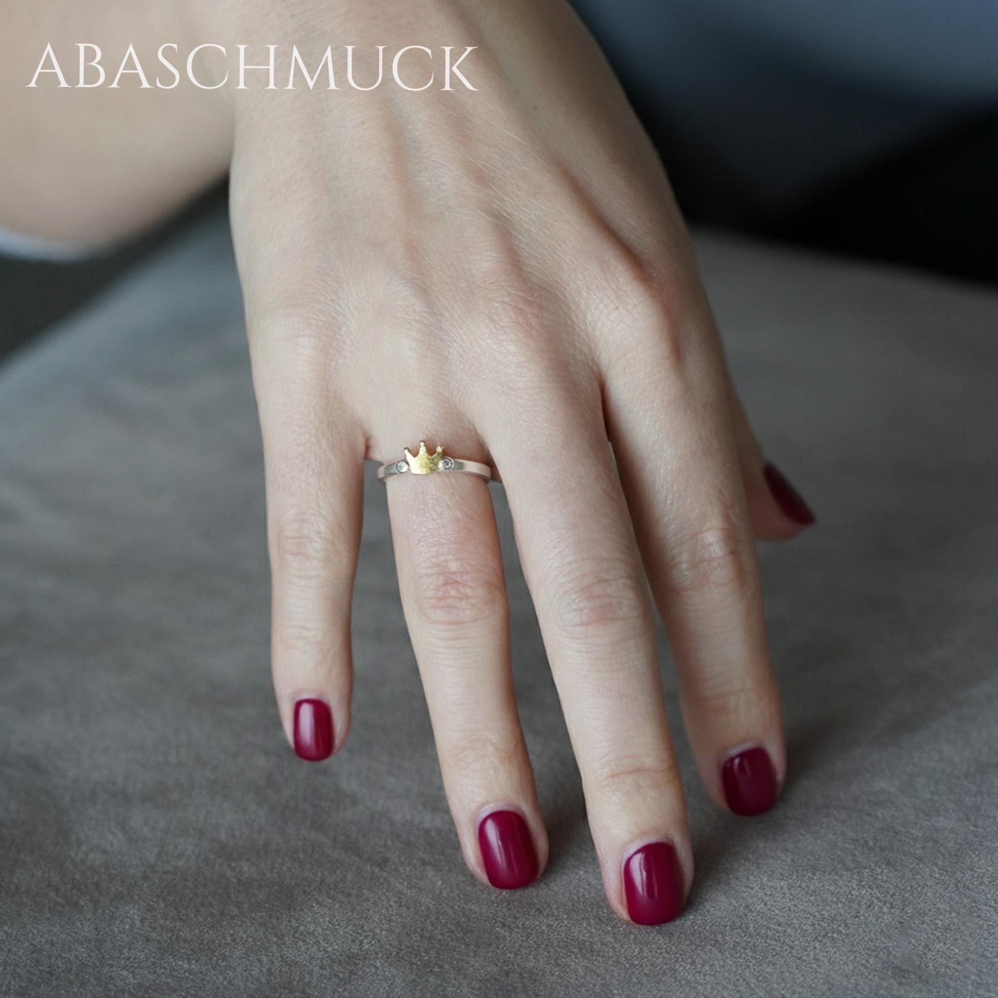 Verstellbarer Ring, Bandring, offen Silberring mit goldener Krone und Zirkonia