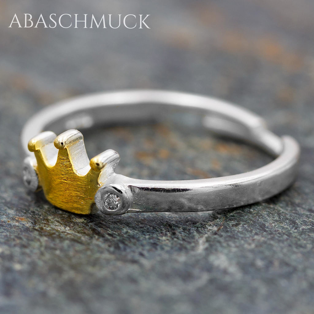 Verstellbarer Ring, Bandring, offen Silberring mit goldener Krone und Zirkonia