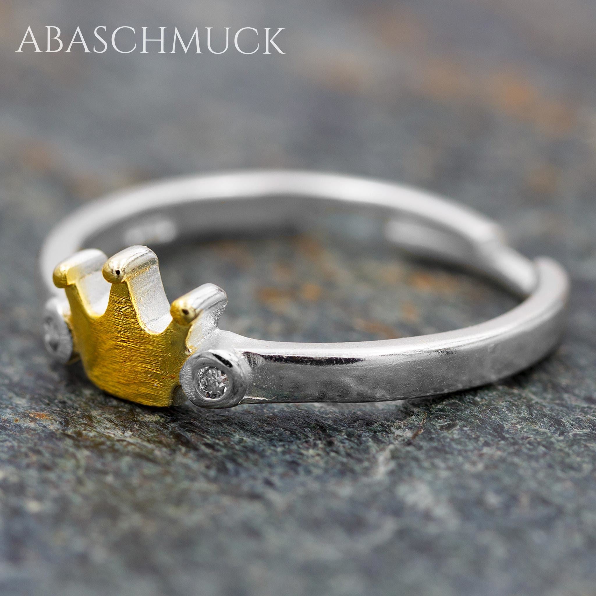 Verstellbarer Ring, Bandring, offen Silberring mit goldener Krone und Zirkonia