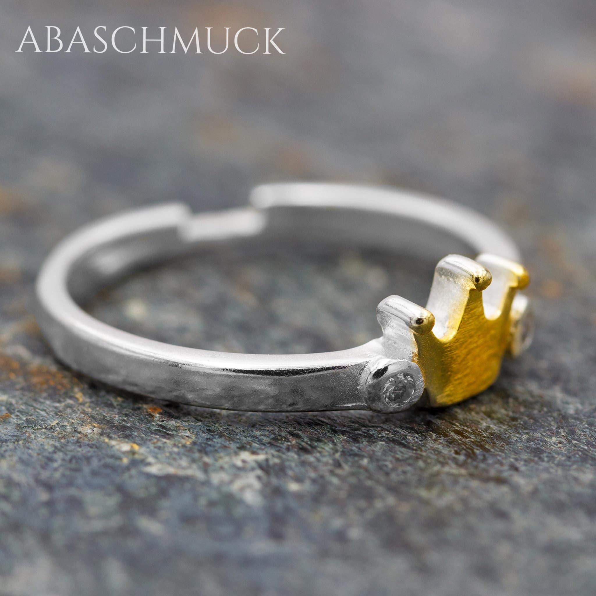 Verstellbarer Ring, Bandring, offen Silberring mit goldener Krone und Zirkonia