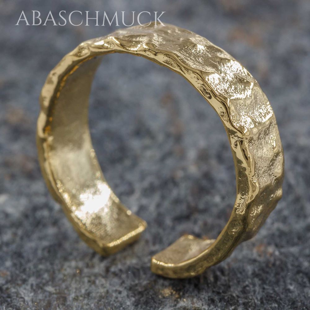 Offener verstellbarer 925 Silberring mit gehämmerter Struktur in Goldfarbe
