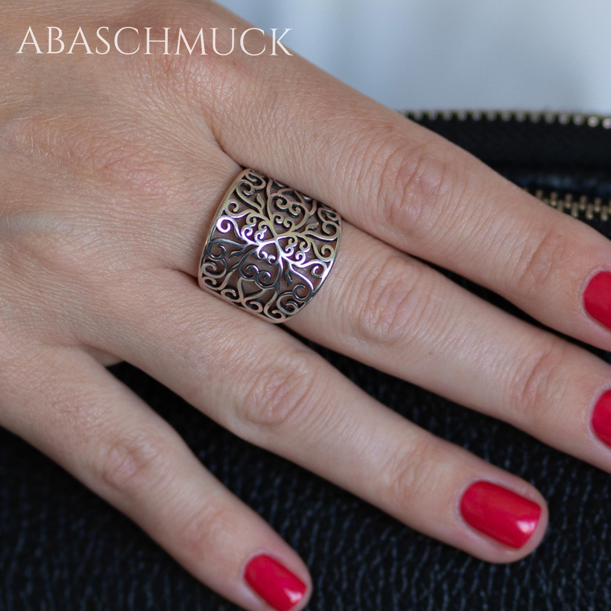 Verstellbarer Ring Silber 925 – breiter Bandring offen Silberring mit Ornament