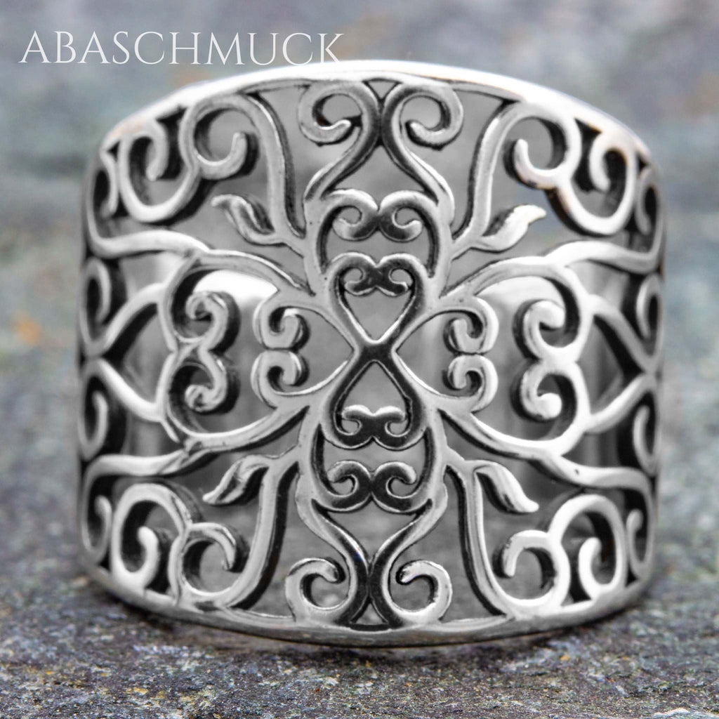 Verstellbarer Ring Silber 925 – breiter Bandring offen Silberring mit Ornament