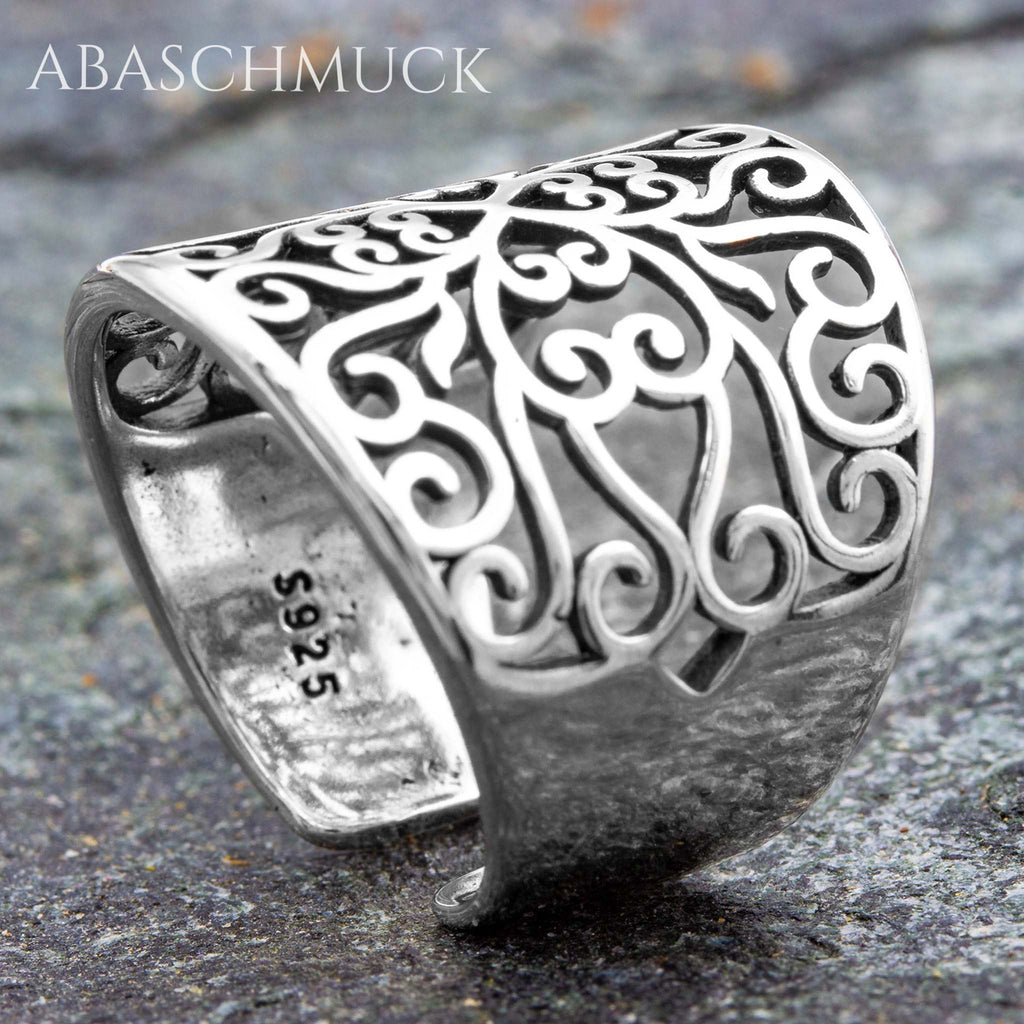 Verstellbarer Ring Silber 925 – breiter Bandring offen Silberring mit Ornament