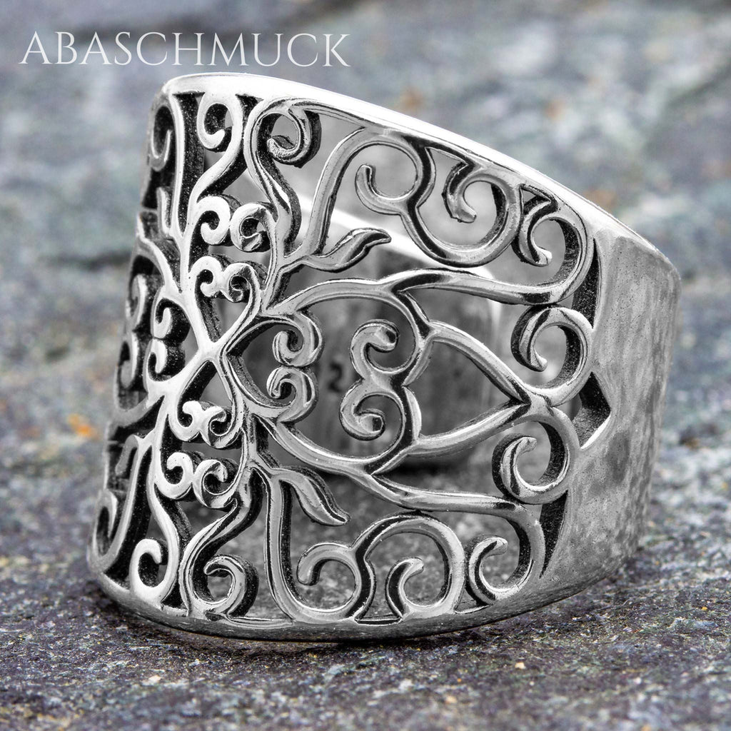 Verstellbarer Ring Silber 925 – breiter Bandring offen Silberring mit Ornament