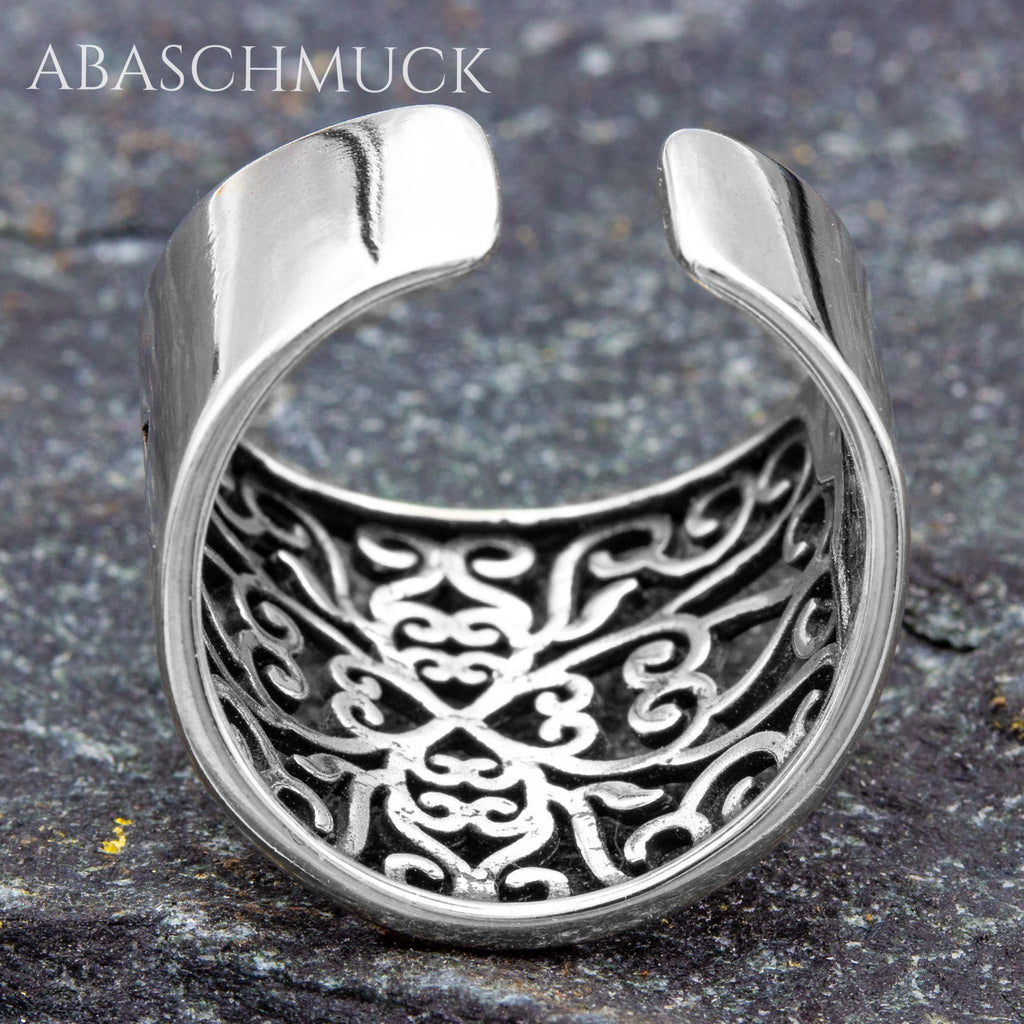 Verstellbarer Ring Silber 925 – breiter Bandring offen Silberring mit Ornament