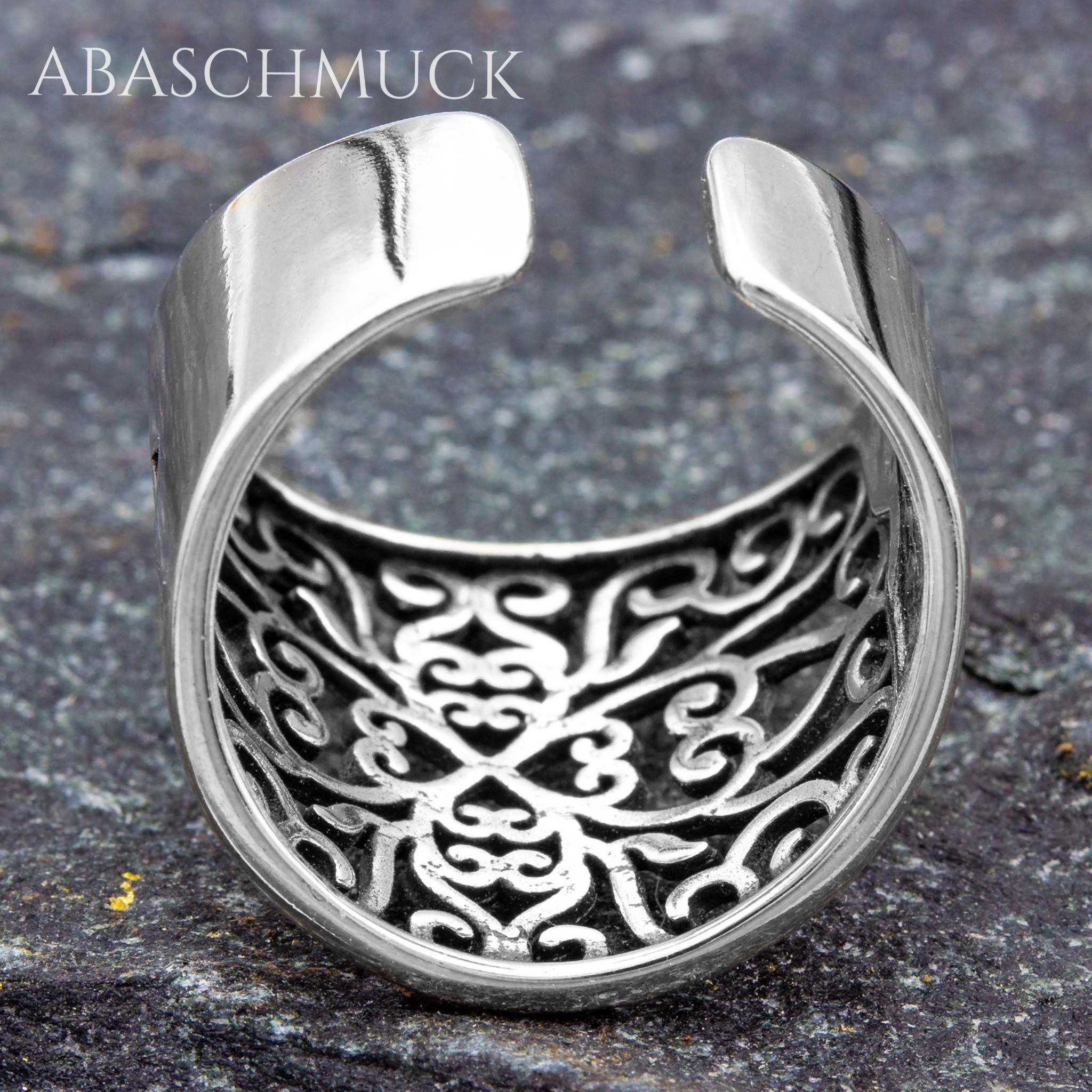 Verstellbarer Ring Silber 925 – breiter Bandring offen Silberring mit Ornament