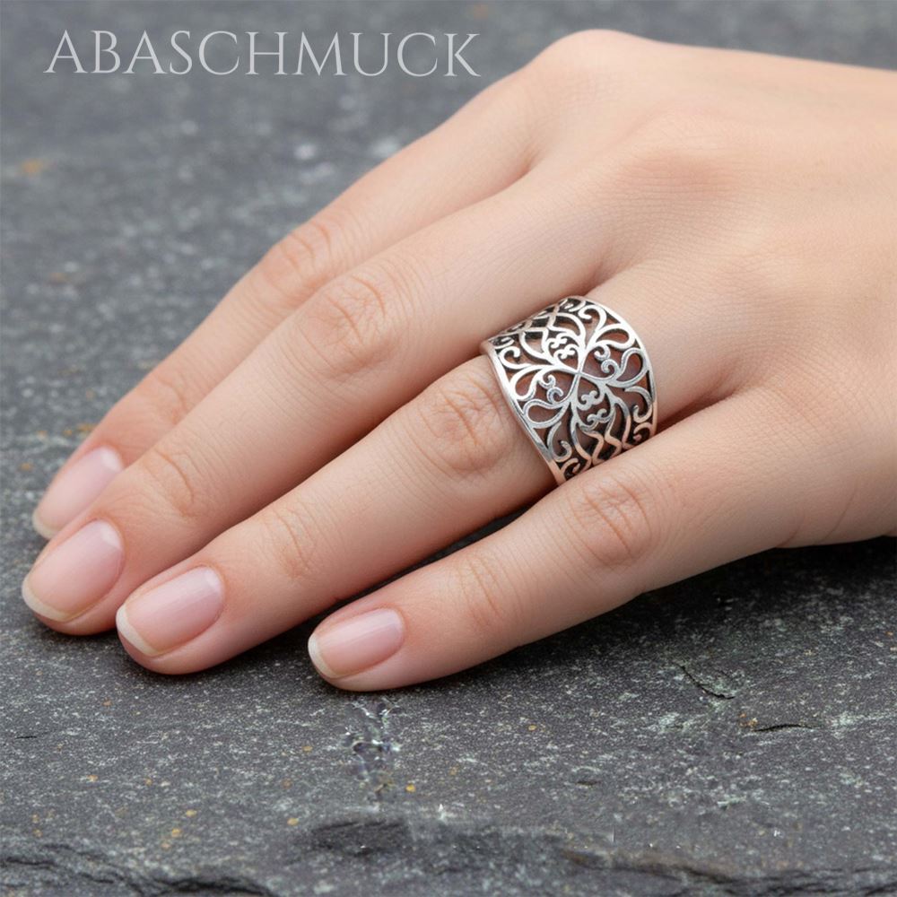 Verstellbarer Ring Silber 925 – breiter Bandring offen Silberring mit Ornament