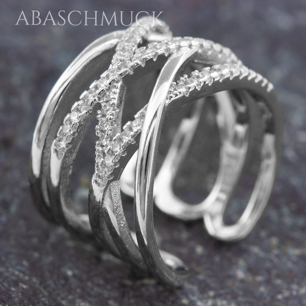 
Überkreuzter 925-Silberring mit funkelnder Struktur im offenen Design.