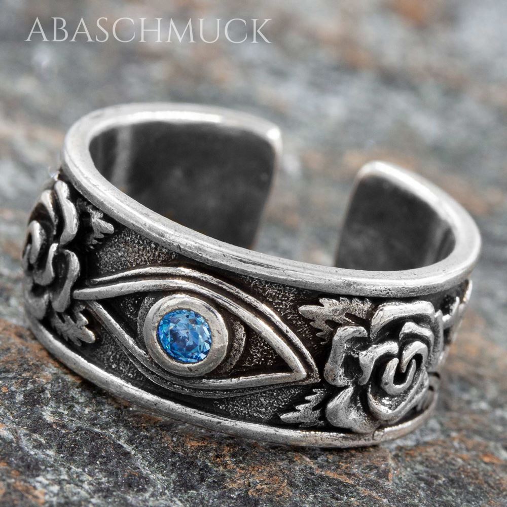 Offener Bandring aus Sterling Silber mit Rosenmotiv und mittigem blauen Stein.