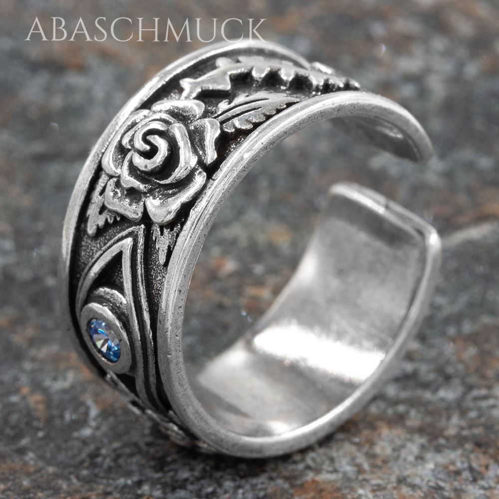 Vintage 925-Silberring mit Rosenmotiv und blauem Stein im offenen Design.
