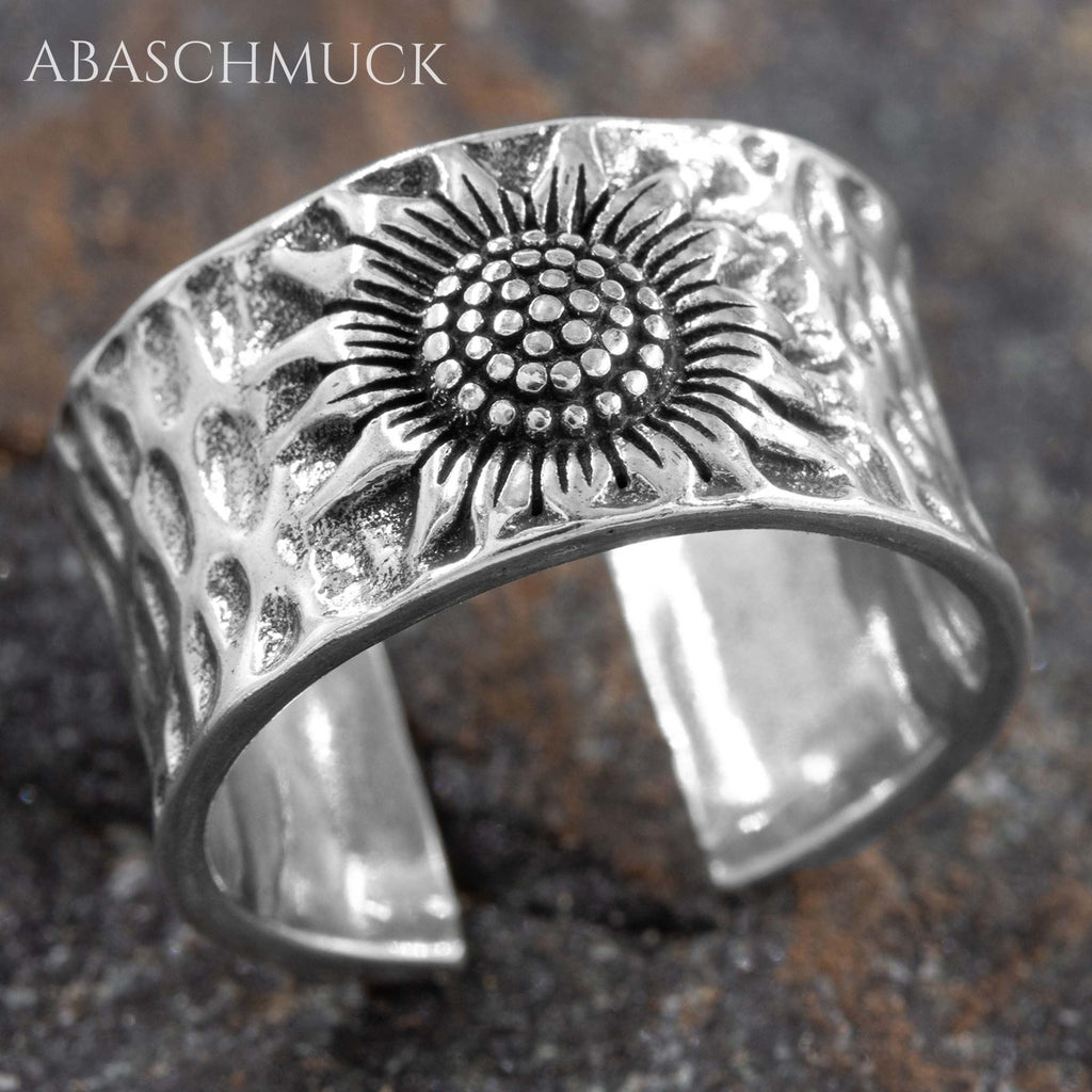 Verstellbarer Ring Silber 925 – breiter Bandring offen Silberring mit Sonnenblume