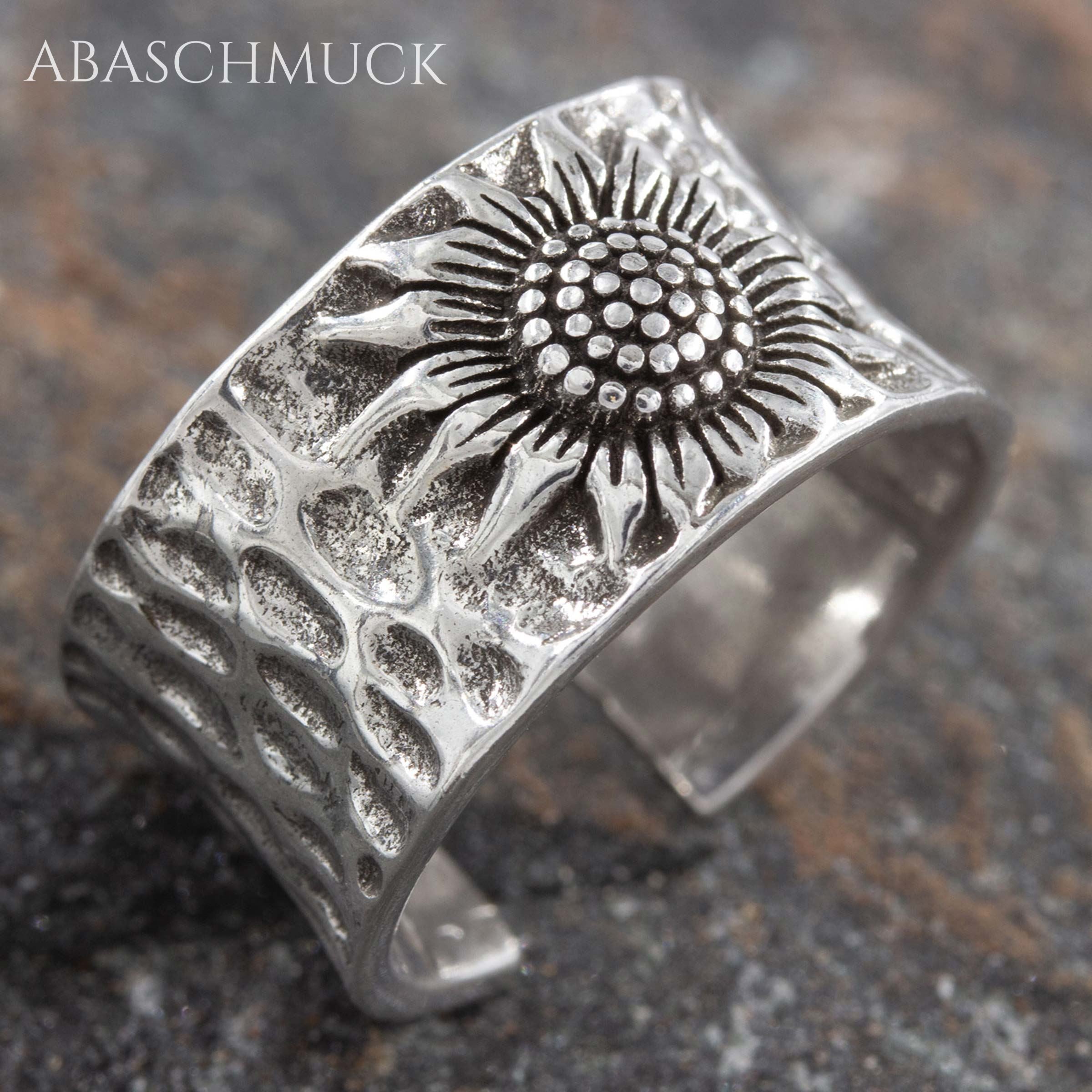 Verstellbarer Ring Silber 925 – breiter Bandring offen Silberring mit Sonnenblume