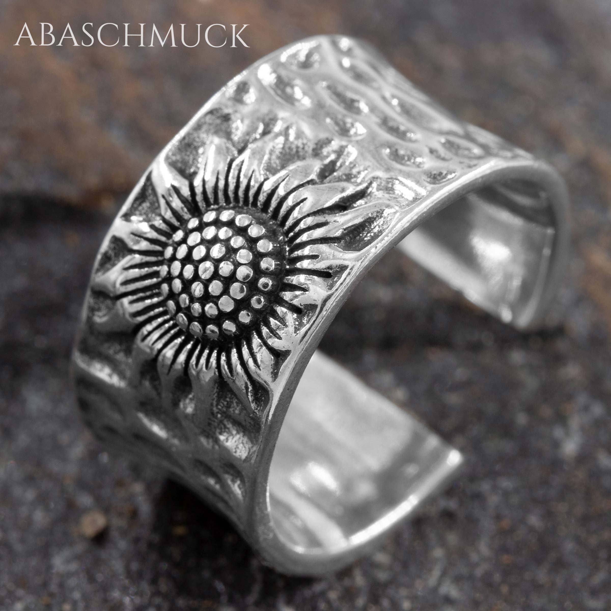 Verstellbarer Ring Silber 925 – breiter Bandring offen Silberring mit Sonnenblume