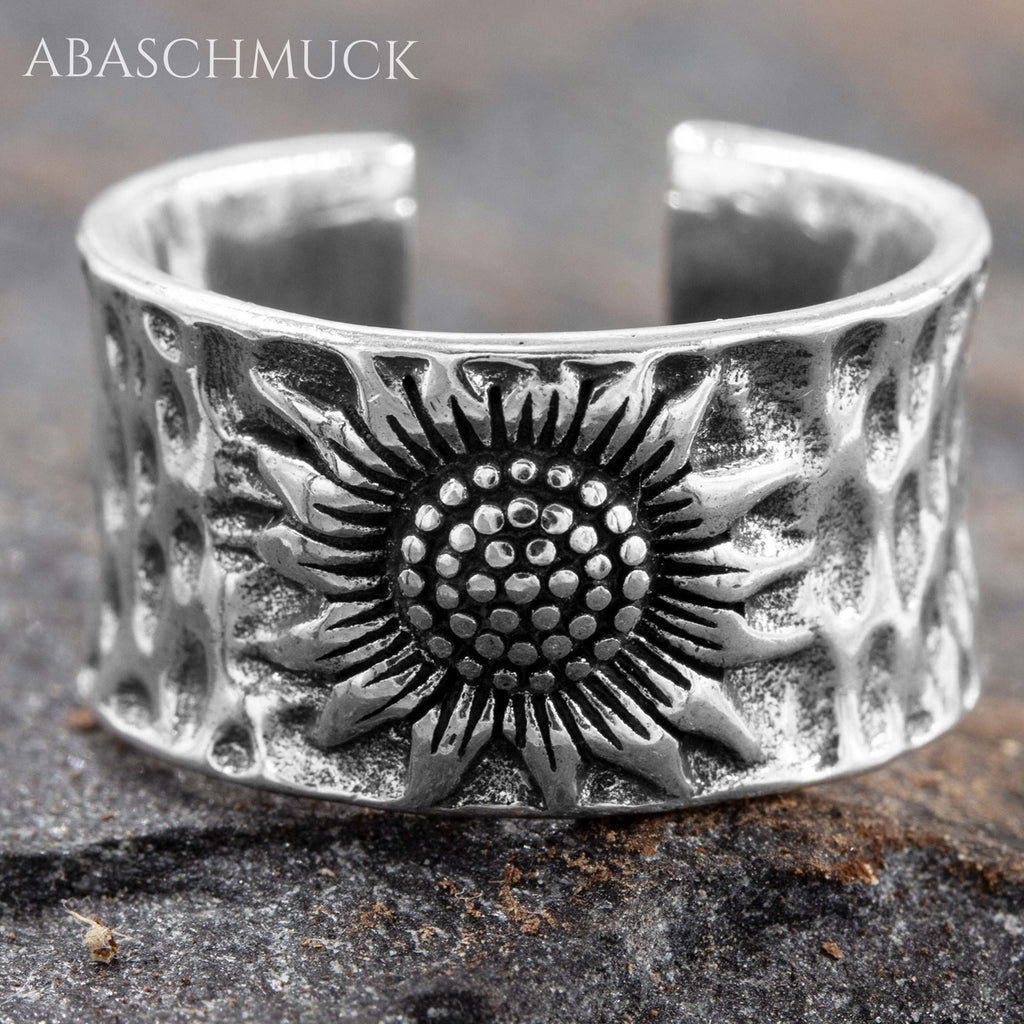 Verstellbarer Ring Silber 925 – breiter Bandring offen Silberring mit Sonnenblume