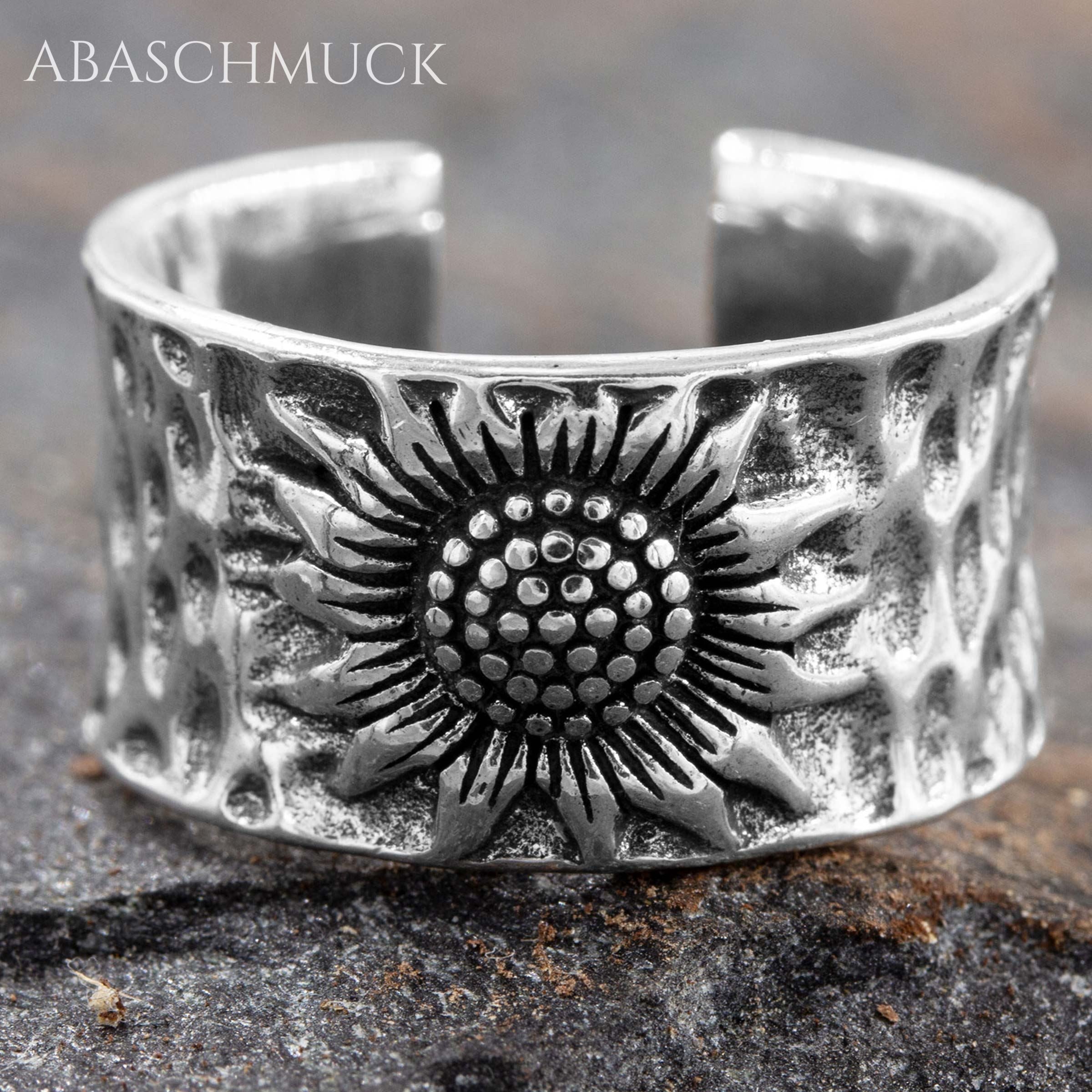 Verstellbarer Ring Silber 925 – breiter Bandring offen Silberring mit Sonnenblume
