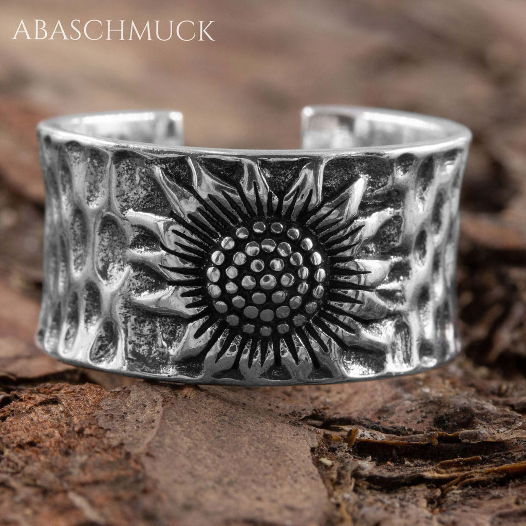 Verstellbarer Ring Silber 925 – breiter Bandring offen Silberring mit Sonnenblume