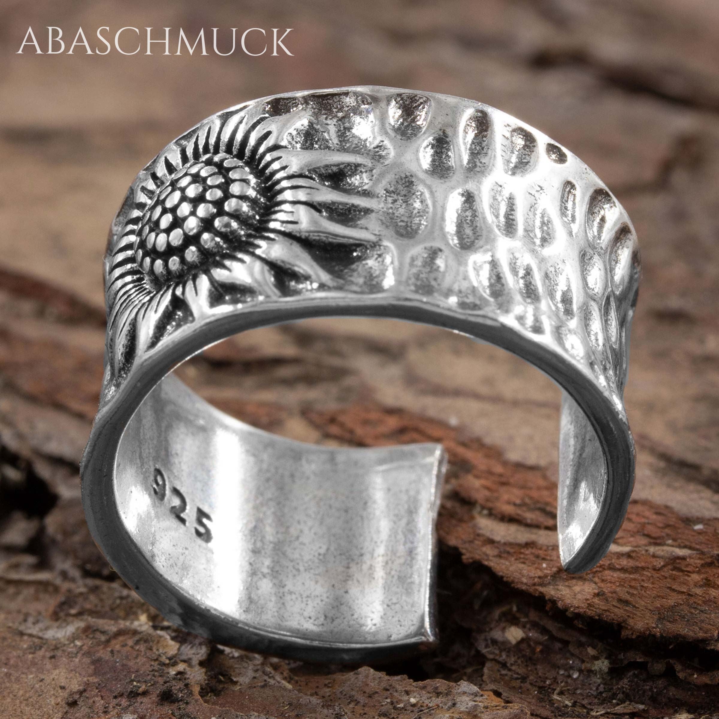 Verstellbarer Ring Silber 925 – breiter Bandring offen Silberring mit Sonnenblume
