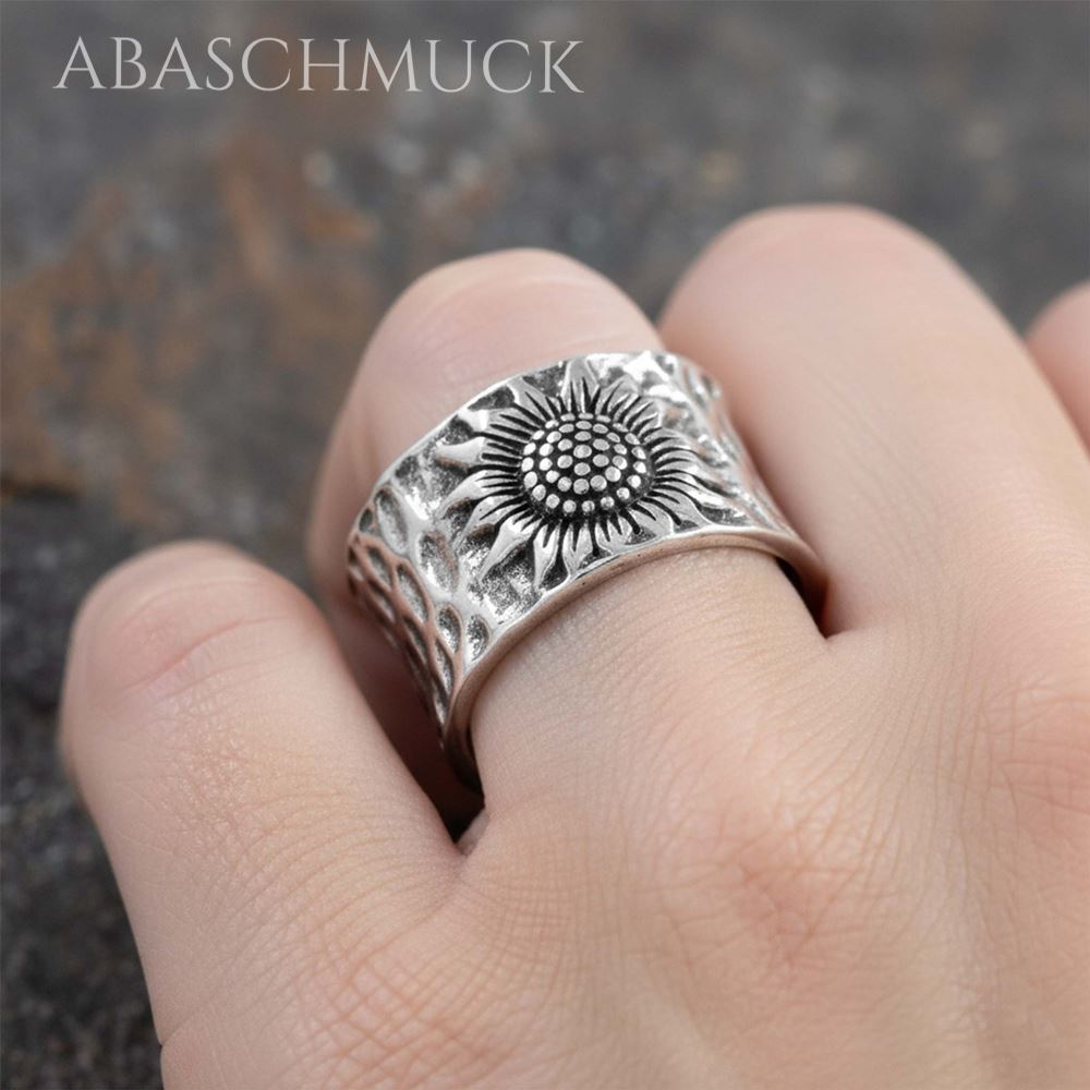 Verstellbarer Ring Silber 925 – breiter Bandring offen Silberring mit Sonnenblume