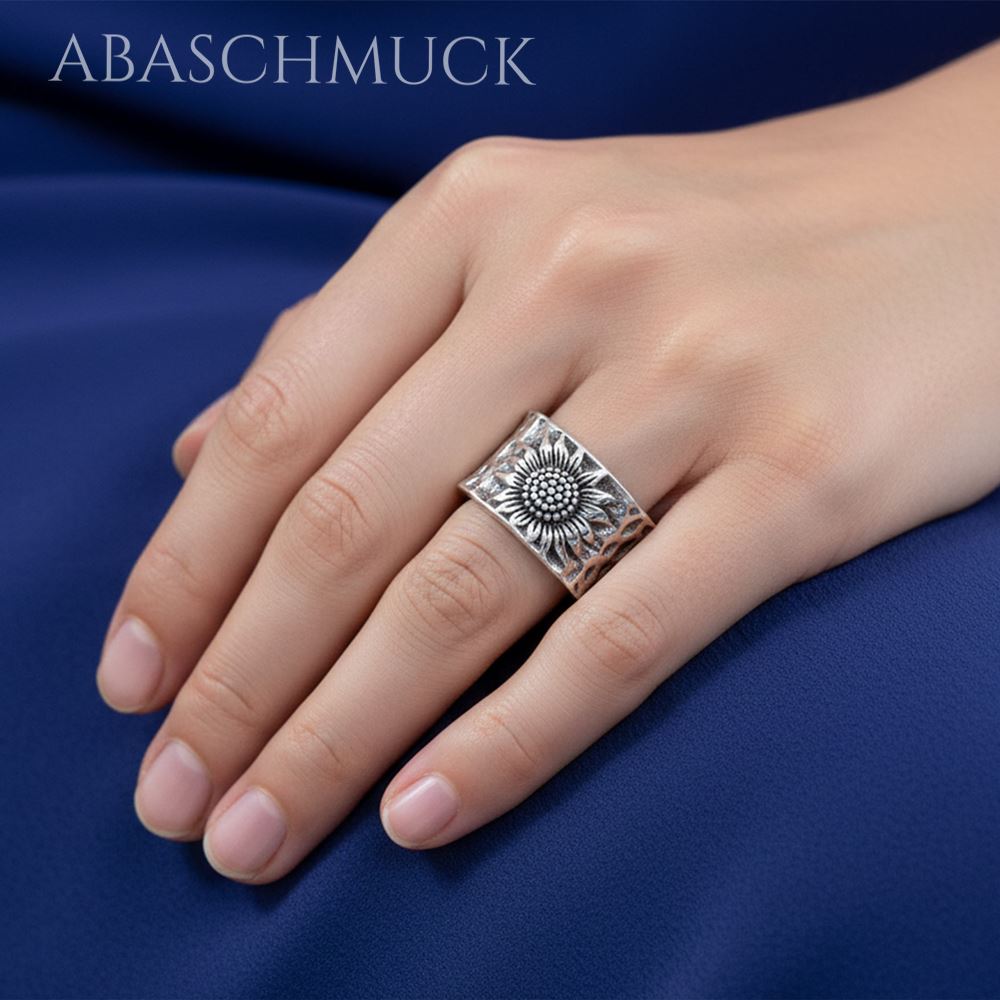 Verstellbarer Ring Silber 925 – breiter Bandring offen Silberring mit Sonnenblume