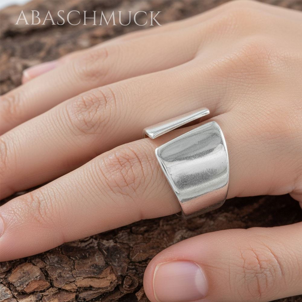 Verstellbarer Ring Silber 925 – breiter Bandring offen Silberring mit Glanzfinish