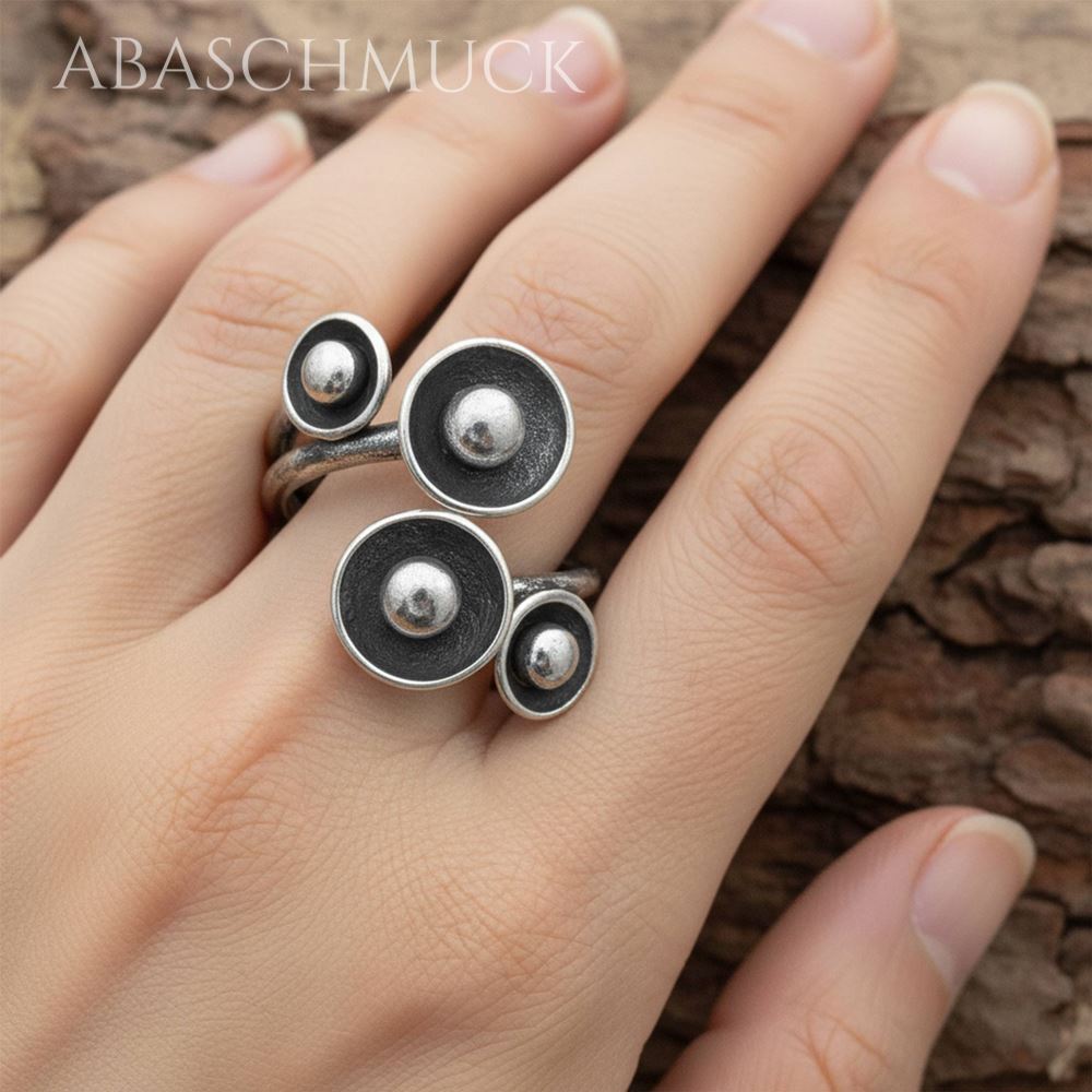 Verstellbarer Ring Silber 925 – außergewöhnlicher Bandring offen Silberring mit Kugelmotiv