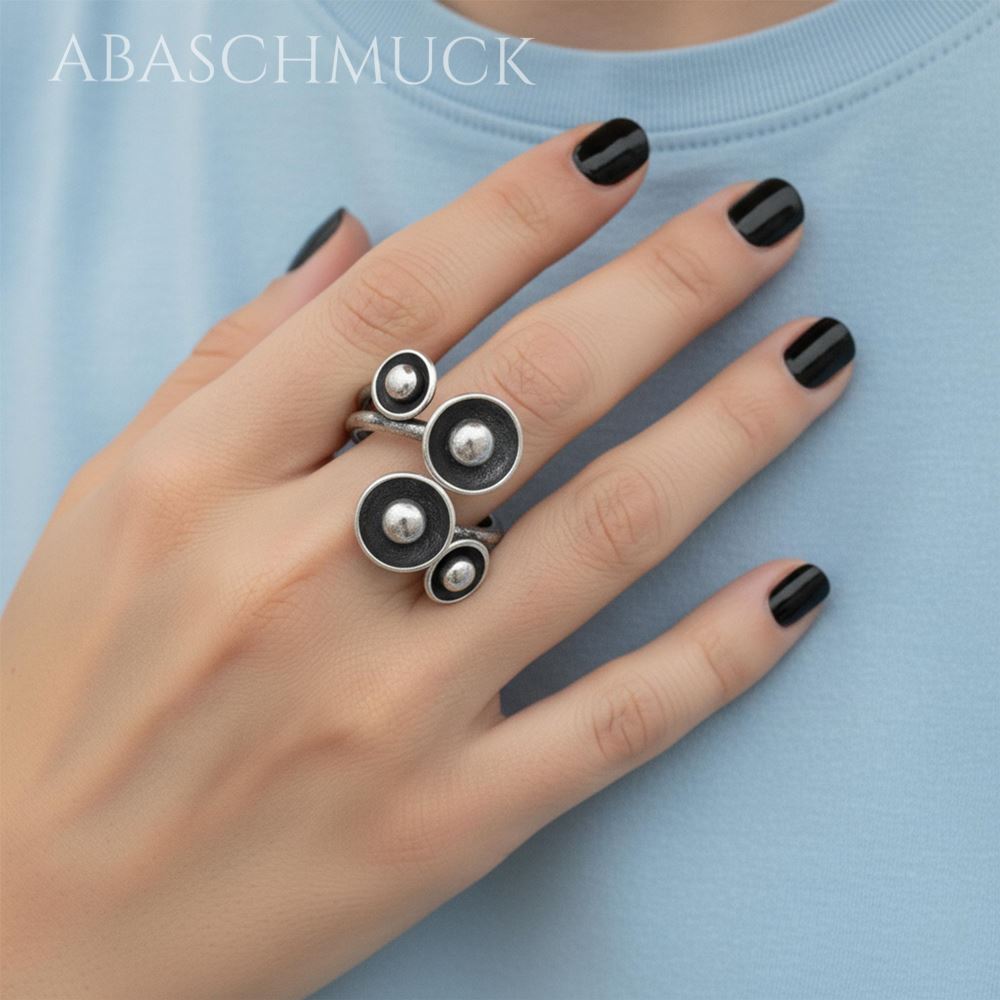 Verstellbarer Ring Silber 925 – außergewöhnlicher Bandring offen Silberring mit Kugelmotiv