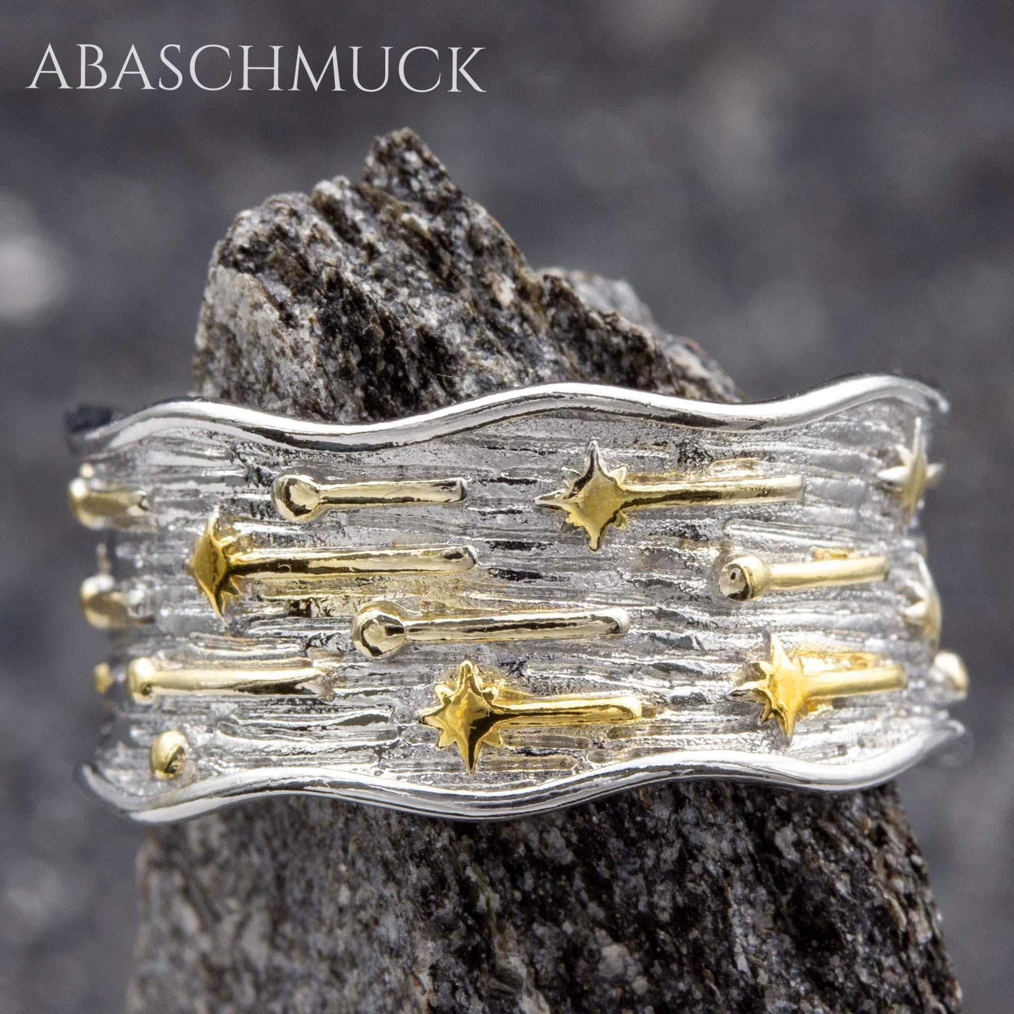 Verstellbarer Ring Silber 925 – strukturierter Bandring offen Silberring mit goldenen Sternen